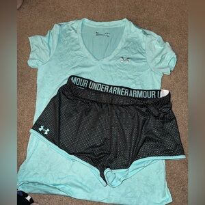 Women’s Under Armour Aqua Top and Black Shorts
